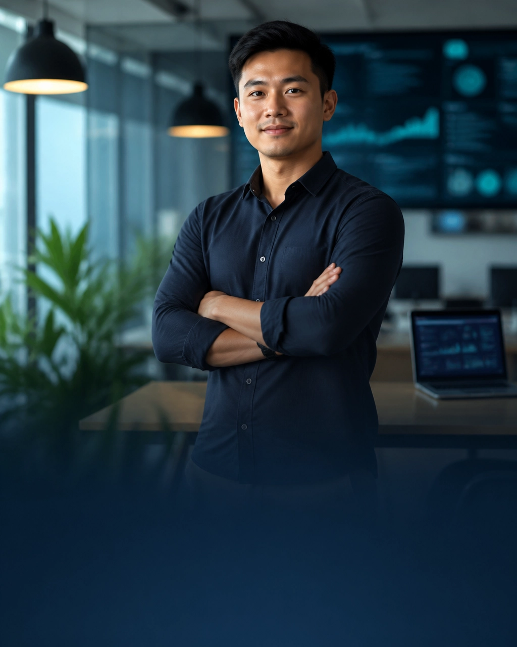 Confident Philippine technology professional in a modern startup workspace